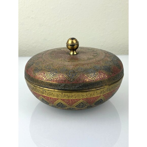 Kinco Brass Lidded Round Circular Trinket Box Home Decor Accent Boho Vintage - Picture 7 of 16